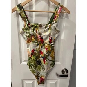 Farm Rio Tropical Parrot One Piece Swimsuit Square Neck Button Front Floral L